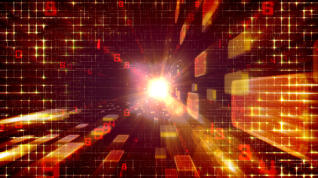 An advanced 3d illustration of a time portal from moving radially golden bricks in the purple background with a holographic network and a plazma center. It looks psychedelic and calming.の写真素材