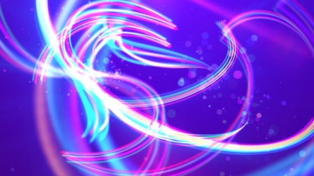 A splendid 3d illustration of colorful rainbow stripes shaping funny and curvy turns and loops in the violet background. Many crystalline clear spots are spinning between them optimistically.の写真素材