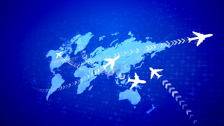 A volumetric 3d illustration of five white air vehicles flying over the white angle routes on the violet world map with a grid from airplanes placed diagonally. They look optimistic and confident.の写真素材