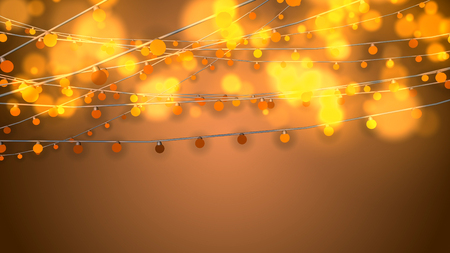 A jolly 3d illustration of Christmas string lights from yellow bulbs and blured golden balls in the light brown background. They glitter happily creating the mood of fest and optimismの写真素材