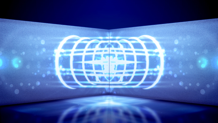 A hypnotic 3d illustration of neon tunnel filled with white oval and figurative lines as well as stripes from spots in the horizontal tube in the blue background. They look enigmatic and arty.の写真素材