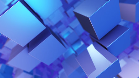 An optical art 3d illustration of shining blue columns of flying cubes moving down. They are shot in...