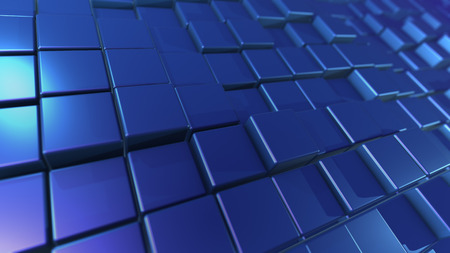 An original 3d rillustration of dark blue plastic cubes and rectangles lit with shimmering side sun rays. They form a flat background resembling a computer keyboard inclined aslant.の写真素材