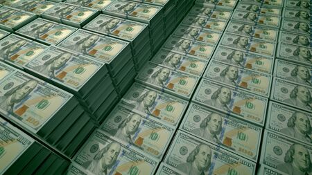 3d illustration of 100 dollar bills placed in bundles in a large bank depository. On the observe of the globally known banknotes there are portraits of Diplomat Father Benjamin Franklin.の写真素材
