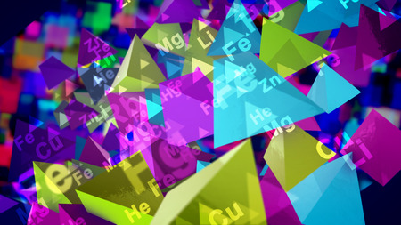 3d illustration of shining colorful pyramids with the signs of chemical elements spinning around in the black background. They generate the spirit of cheerfulness and scientific fun and inspiration.の写真素材