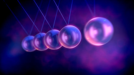 A meditative 3d illustration of steel beads pendulum with waving balls beating each other in a...
