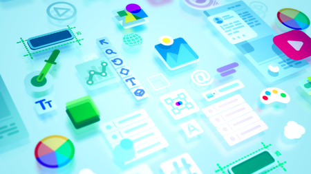An optimistic 3d illustration of various interface constituents including such buttons as enter, at sign, person, pie chart, medicine assistance, temperature, text and so on. They look funnyの写真素材
