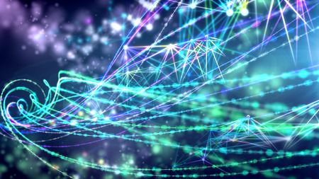A fantastic 3d illustration of sparkling coils and shining constellations moving in a chaotic way in a dark violet galaxy. Thousands of blurred and shimmering spots shine in an enigmatic way.の写真素材
