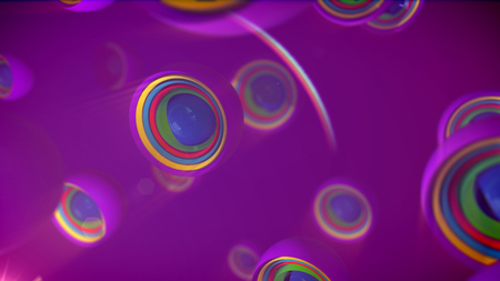 An optimistic 3d illustration of alien looking objects of rainbow colors placed in open semi-spheres with splits in the violet backdrop. They create the mood of optimism, enigma and joy.の写真素材