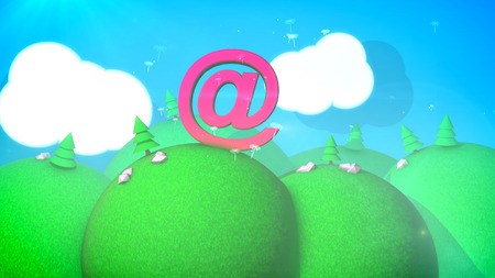 A childish 3d illustration of a sunny landscape with round hills, pine trees, green lawns, flying dandelion parachutes, shadows and blue sky with white clouds, large pink at sign.の写真素材