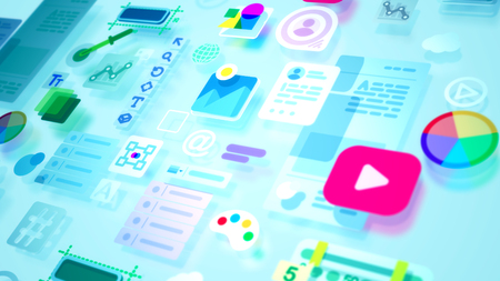An exciting 3d illustration of flowing interface elements including such icons as enter, at sign, person, pie chart, medicine assistance and temperature and so on. They look innovative and optimisticの写真素材