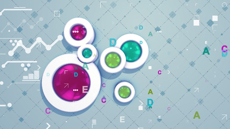 A futuristic 3d illustration of an abstract backdrop covered with colorful cylinders, impressive graphs from zigzag lines, a network from equal squares and other tiny and funny figures.の写真素材