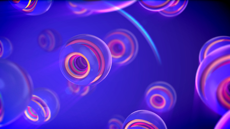 An amazing 3d illustration of nested spheric objects of different colors inserted in round semi-spheres with splits in the blue backdrop. They generate the mood of fun and inspiration.の写真素材