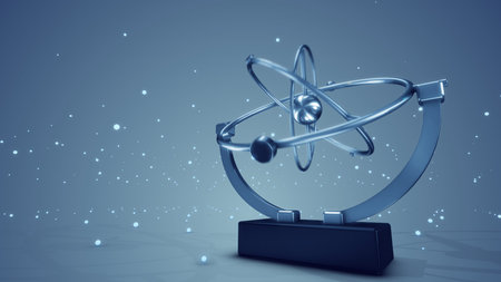 A holographic 3d illustration of a metallic pendulum swaying in three spheres in various directions...