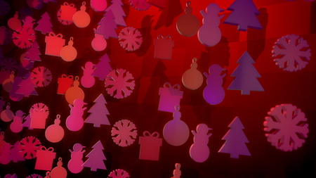 A festive 3d illustration of Christmas wooden figures soaring and whirling around in the purple and violet background. They create the mood of happiness, cheerfulness and joy.の写真素材