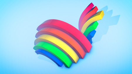 A cheery 3d illustration of two rainbow arces jumping up and down in spiral ways in the celeste background. They generate the mood of cheerfulness, fun and optimism.の写真素材