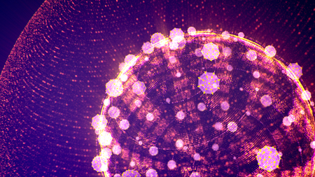 A wonderful 3d illustration of a dazzling and whirling big shere covered with a grid and with a middle one inside, covered with many small plazma looking balls in the violet backdrop.の写真素材