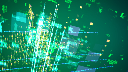 A multidimentional 3d illustration of cyber signs such as F2, F15, box, login, keyhole, escape, arrow, squares, flying among stripes of shining spots in the olive background.の写真素材