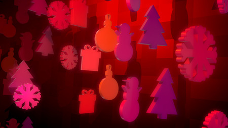 A cheery 3d illustration of Christmas wooden figures flying and spinning around in the purple background. They shape the mood of happiness, celebration and fest.の写真素材