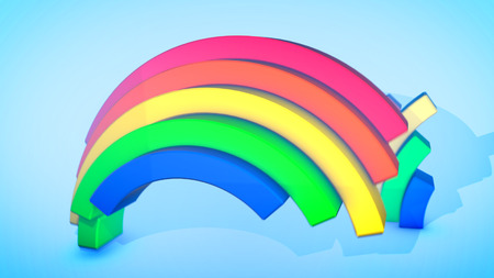 An optimistic 3d illustration of two rainbow arches appearing and dissapearing in spiral ways in the celeste background. They generate the mood of celebration, fun and spring.の写真素材