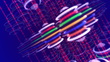 Wonderful 3d illustration of multicolored disc groups looking like neon lanterns put diagonally on rosy lines in the dark blue background. They create the spirit of holiday.の写真素材