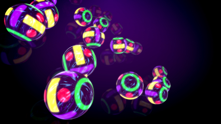 Striking 3d rendering of flying streaks of neon billiards balls entertaining cheerfully in the violet backdrop. They form the mood of innovation, festive fun and real holiday.の写真素材
