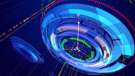 Cyber cosmos 3d illustration of dazzling blue and celeste circles rotating oppositely and having a compass dial face put aslant and thin arrows whirling too in the blue background.の写真素材