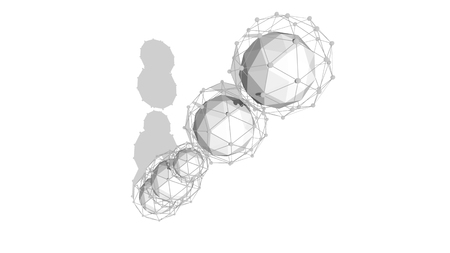 Arty 3d illustration of several spheres covered with network grids placed in one lengthy diagonal line in the white background. They look impressive, artistic and optimistic. の写真素材