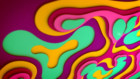 Arty 3d illustration of multicolored and multishaped blobs and curves moving horizontally in an enigmatic way. They inspire the mood of optimism, innovation and cheerfulness.の写真素材