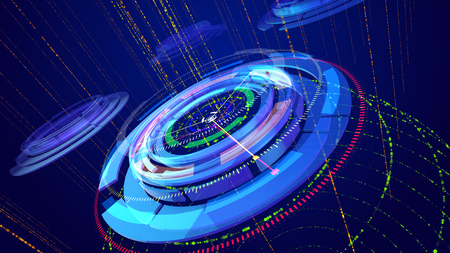 Optical art 3d illustration of several sparkling and multicolored rings imposed on each other and having several thin and lengthy arrows and serving as indicators of some device.の写真素材