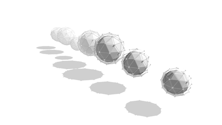 Stunning 3d illustration of seven multishaped spheres with nets placed in one straight line rotating around a central one and forming a stripe with shadows in the white background.  の写真素材