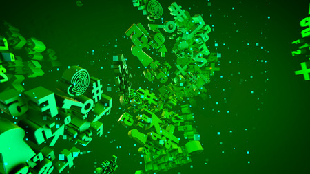 Splendid 3d illustration of rotating light green computer signs such as arrow, minuses, pluses, clouds, key, stars, clouds, spirals,  with soaring squares in the dark green background.の写真素材