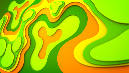 Cheerful 3d illustration of wavy yellow, salad and orange plastic splotches and spots moving aslant in an optimistic way. They form the spirit of celebration, joy and rainbow.の写真素材