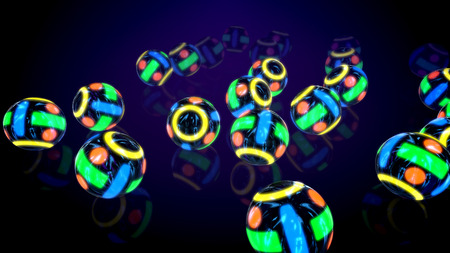 Exciting 3d illustration of four stripes of neon looking multicolored balls rolling on flat surface in the black background. They create the mood of advancement, techno joy and optimism.の写真素材