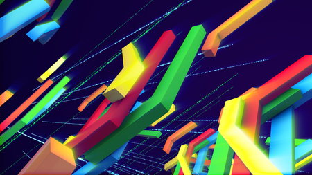 Festive 3d illustration of coming down colorful technical bars having interlaced and zigzag shapes in the dark violet background with a hexagonal grate. They look optimistic and cheery.の写真素材