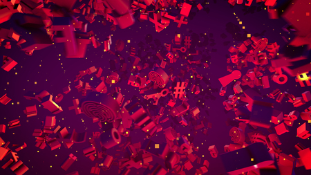 Abstract 3d illustration of bright purple computer symbols representing key, at sign, pluses, minuses, grates, numbers and others. They look optimistic, advanced and innovative.の写真素材
