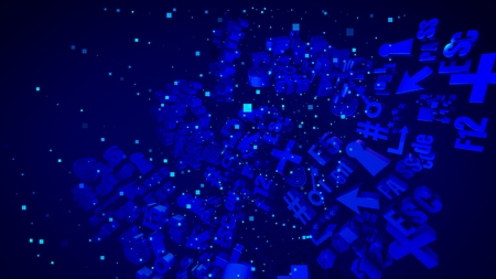 Optical art 3d illustration of shining light blue computer symbols such as arrow, at sign, numbers, letters, grates, brackets and others. They look inspiring, innovative and optimistic.の写真素材