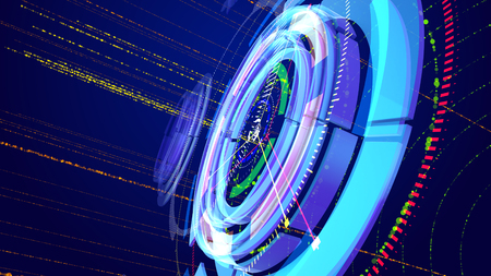 Artistic 3d illustration of shining blue and celeste circles spinning oppositely and having a compass dial face placed vertically and six thin arrows revolting too in the blue background.の写真素材