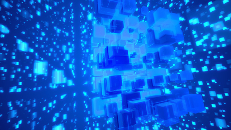 Hi-tech 3d illustration of glittering light blue cubes fixed together as a macrostructure in the blue background. The shining squares fly hign and create the mood of fest and celebration.の写真素材