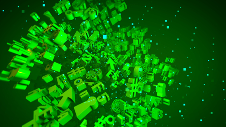 Opt art 3d illustration of spinning light green computer symbols such as arrow, key, numbers, letters, grates, clouds, spirals, brackets, at signs, and others in the dark green background.の写真素材
