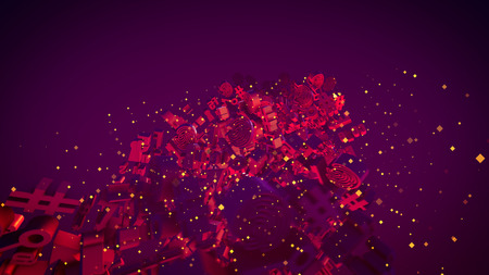 Stunning 3d illustration of glowing purple computer signs such as arrow, key, numbers, letters, grates, spirals, brackets and others with rushing yellow spots in the violet background.の写真素材