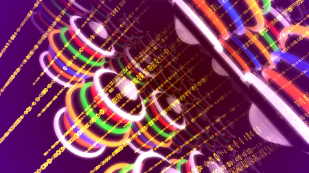 Astonishing 3d illustration of multicolored disc groups looking like neon lamps put diagonally on golden lines in the dark violet background. They generate the spirit of fest and optimism.の写真素材