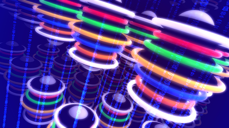 Exciting 3d illustration of multicolored disc groups placed diagonally on the blue lines in the dark blue background. They create the spirit of optimism, decoration and optimism.の写真素材