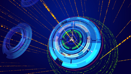 Amazing 3d illustrationof sparkling blue and celeste circles imposed on each other and having a compass dial face and six thin arrows in the dark blue background. It looks futuristic.の写真素材