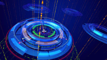 Wonderful 3d illustration of shining multishaped rings imposed on each other and having several thin arrows spinning around in the dark blue backdrop. It looks like a  cyberspace compass.の写真素材