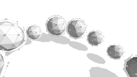 Striking 3d illustration of several spheres covered with network plexuses located in one semi circle in the white background. They have shadows and look optimistic and fine.の写真素材