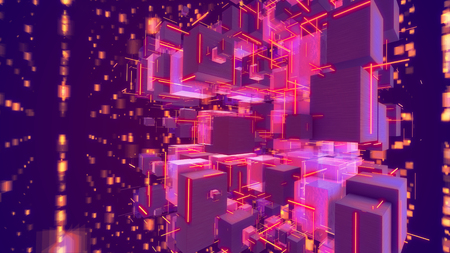 Wonderful 3d illustration of spinning rosy cubes with plasma looking zigzag lines in the violet background. They generate the spirit of innovation, optimism and advanced science.の写真素材