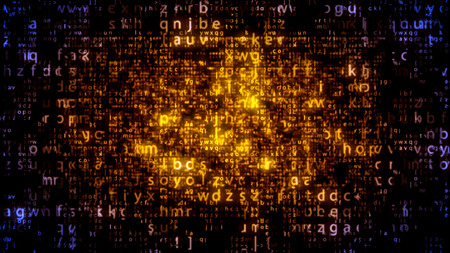 Amazing 3d illustration of shining golden matrix letters moving down in the dark blue and black background. The picture looks advanced, cheerful and hi-tech.の写真素材
