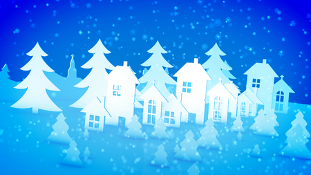 Cheerful 3d illustration of Christmas paper houses and churches with windows and chimneys for Santa Claus and fir trees under falling snowflakes. They generate the mood of celebration.の写真素材