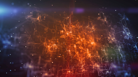 Splendid 3d illustration of a cyberspace cpu shining brightly in the golden and blue background. It has a network of interconnected crisscross and straight lines.の写真素材